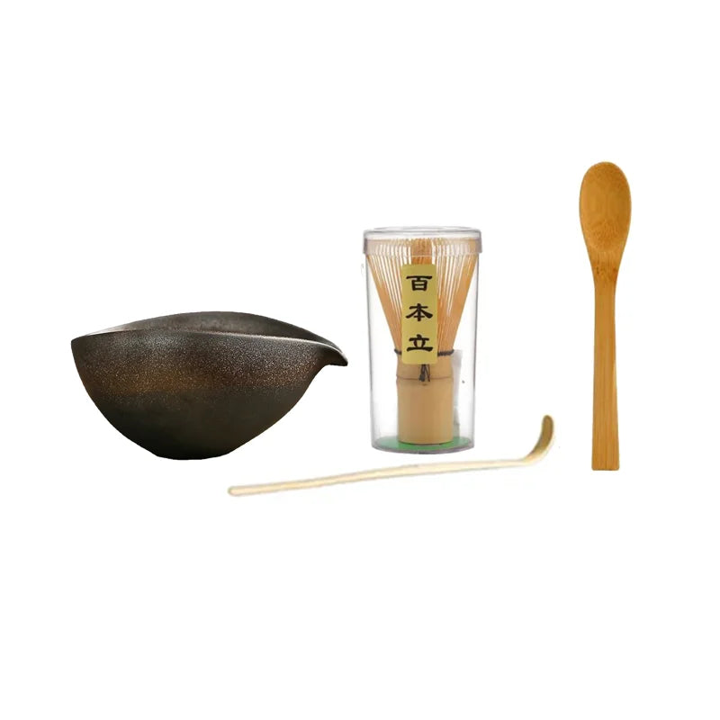 Set Cérémonie du Thé Matcha – Bol Chawan en céramique brun foncé + fouet bambou