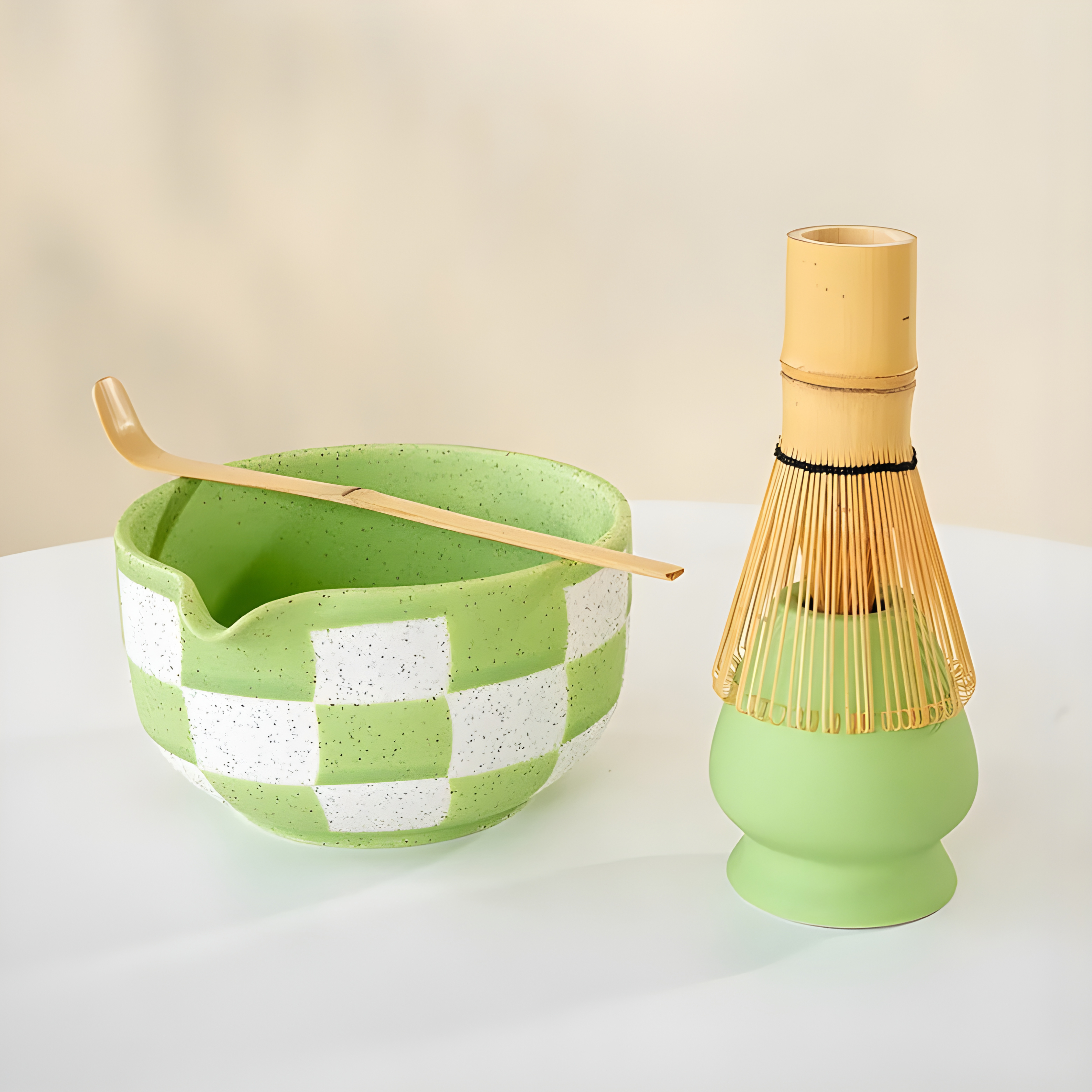 Kit Matcha – Bol Matcha Japonais Vert à Carreaux & Support Fouet (2 Pièces)