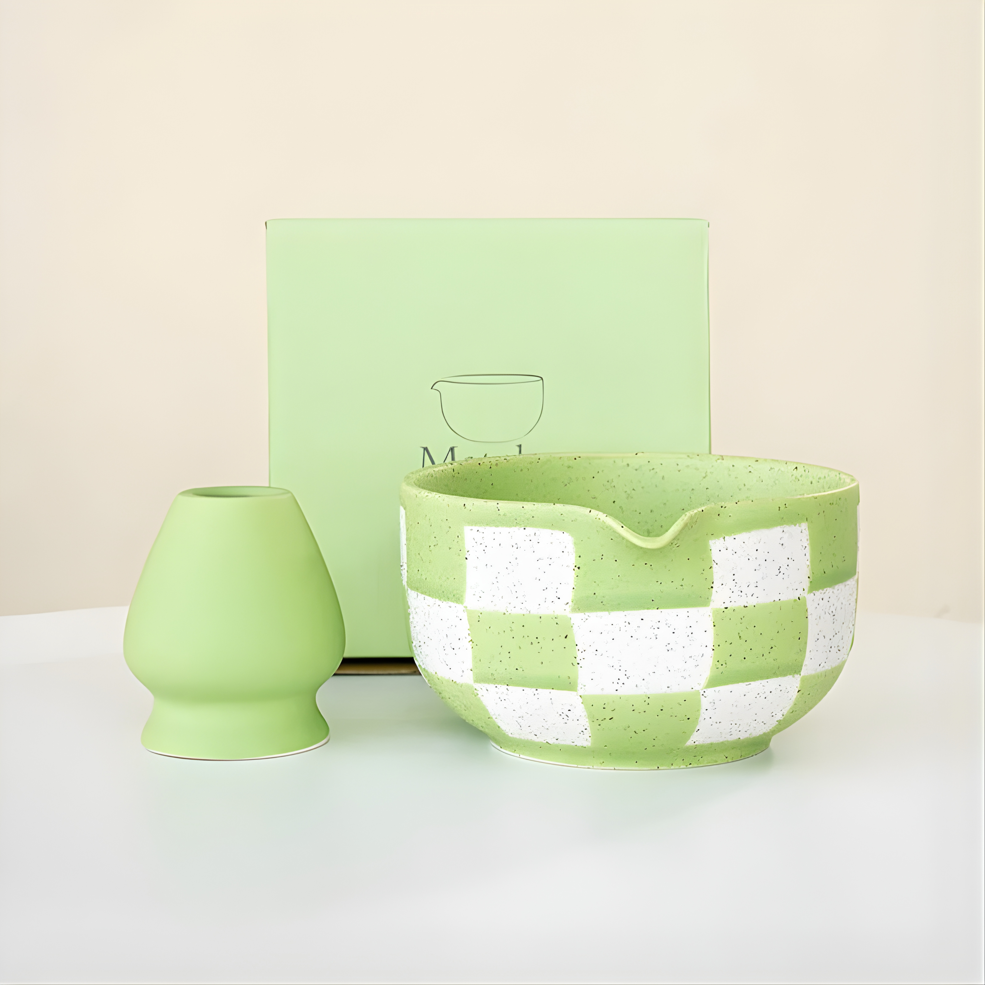 Kit Matcha – Bol Matcha Japonais Vert à Carreaux & Support Fouet (2 Pièces)