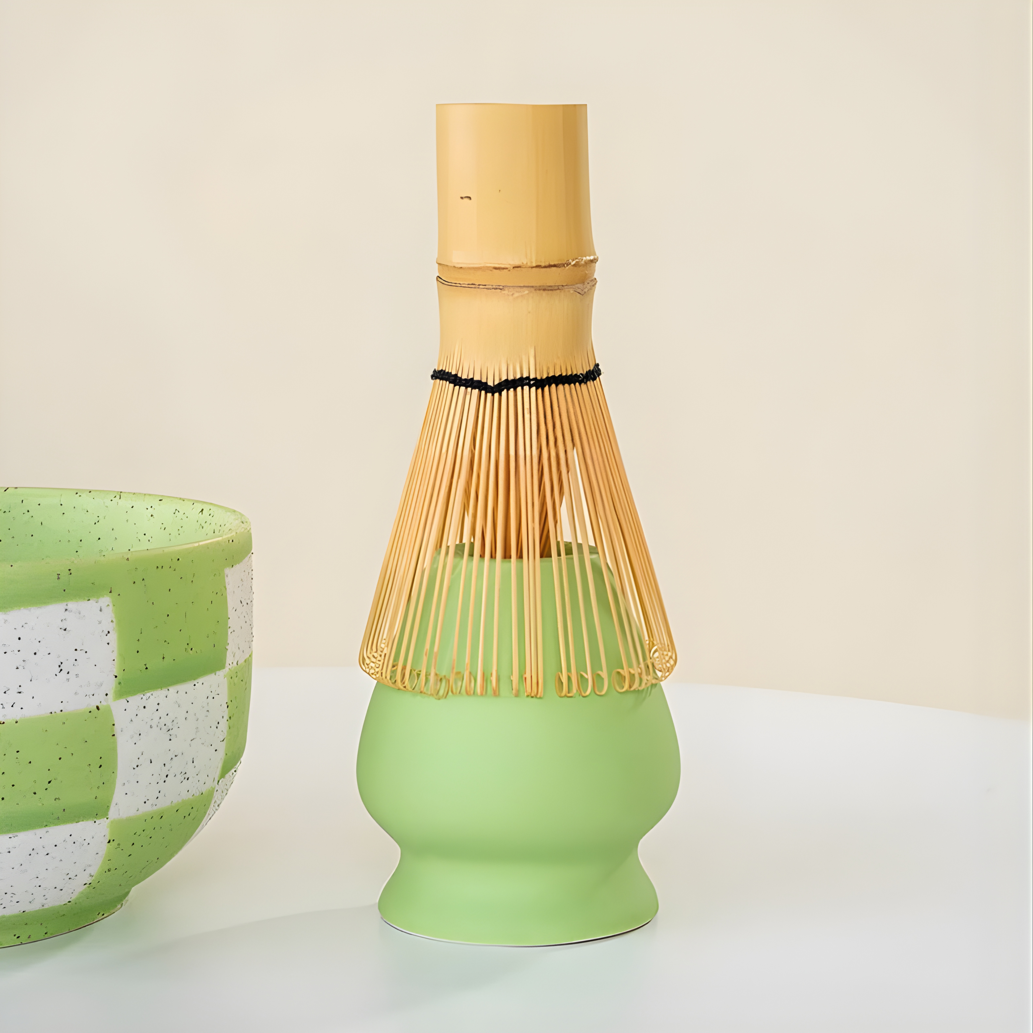 Kit Matcha – Bol Matcha Japonais Vert à Carreaux & Support Fouet (2 Pièces)