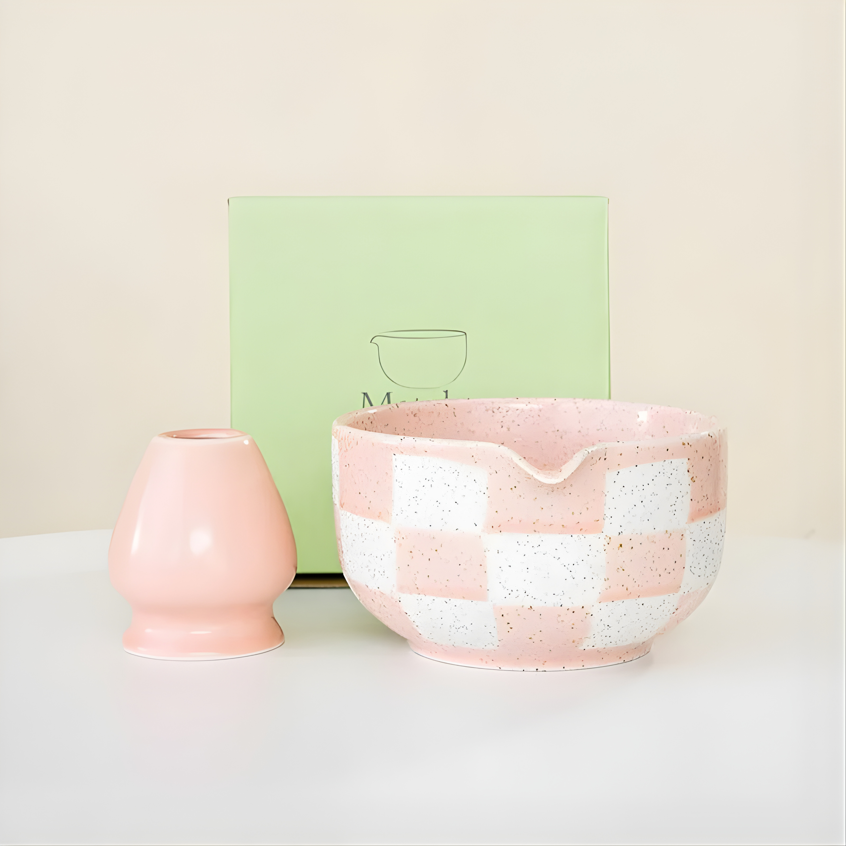 Kit Matcha – Bol Matcha Japonais Rose à Carreaux & Support Fouet (2 Pièces)
