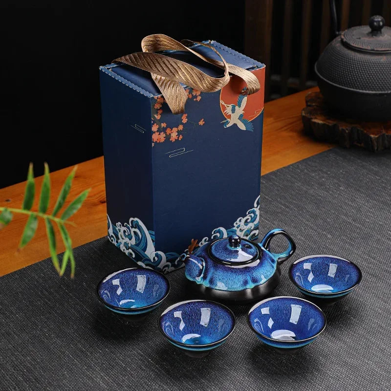 Service à Thé Japonais en Céramique Bleue – Théière et 4 Tasses Artisanales (5 pièces)