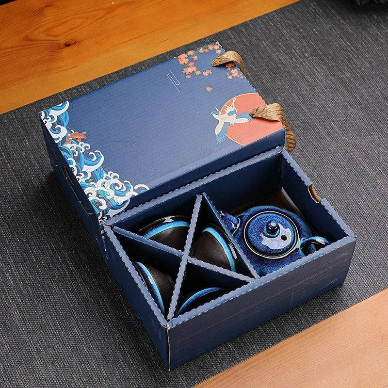 Service à Thé Japonais en Céramique Bleue – Théière et 4 Tasses Artisanales (5 pièces)