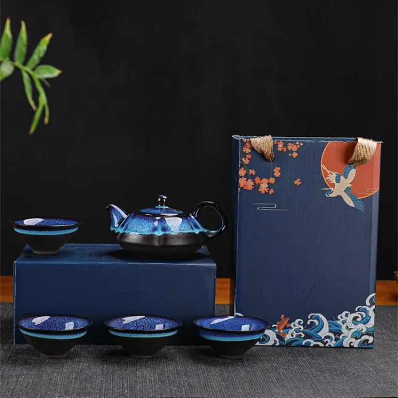 Service à Thé Japonais en Céramique Bleue – Théière et 4 Tasses Artisanales (5 pièces)