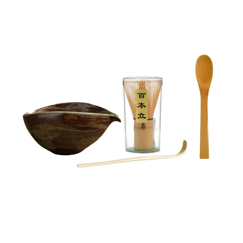 Set Matcha Japonais – Bol Chawan marron marbré artisanal + fouet bambou