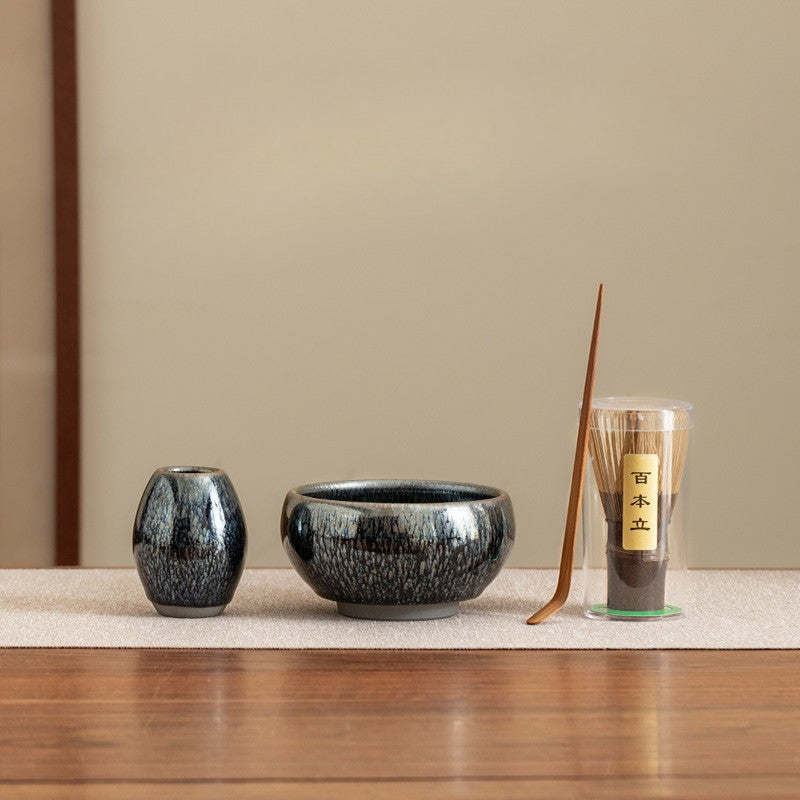 Set Matcha Japonais Tenmoku Noir – Bol Céramique JianZhan + Fouet Bambou et Support (4 Pièces)